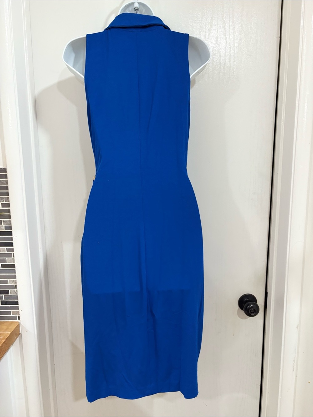 Cache Sleeveless Draped Wrap Dress in Cobalt Blue with Gold Accent - Picture 5 of 6